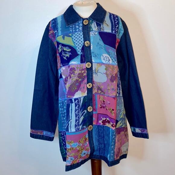 Venezia Large Blue Denim Jacket Sheer Floral Purple Color Patches New With Tags - Picture 1 of 7